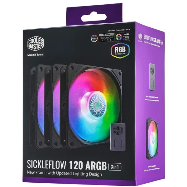 فن خنک کننده 120mm برند کولر مستر مدل Cooler Master SICKLEFLOW ARGB بسته سه عددی